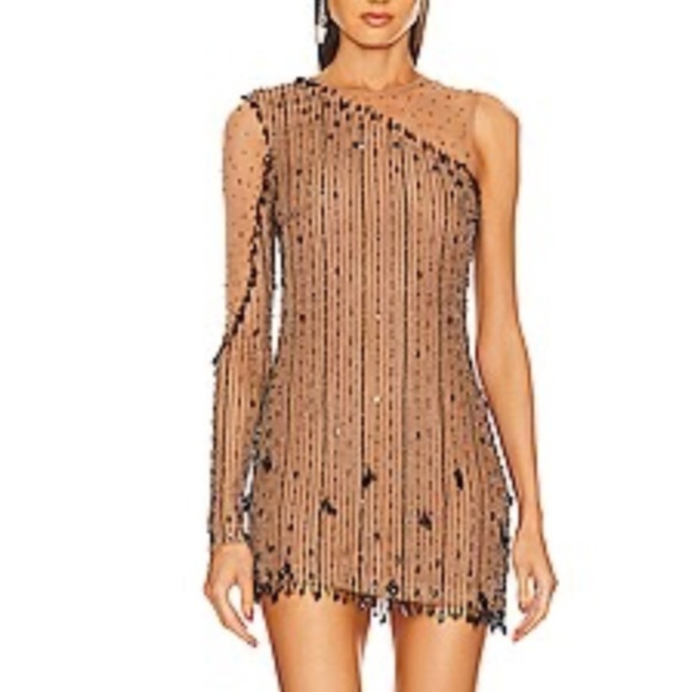 NBD.  EMBELLISHED. Elegant Black and Tan One-Shoulder Dress MINISIZE XXS